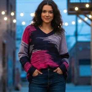 NWOT NIC+ZOE $178 XL Pink Lavender Navy Vivid Vibes Space Dyed Cotton Linen Knit